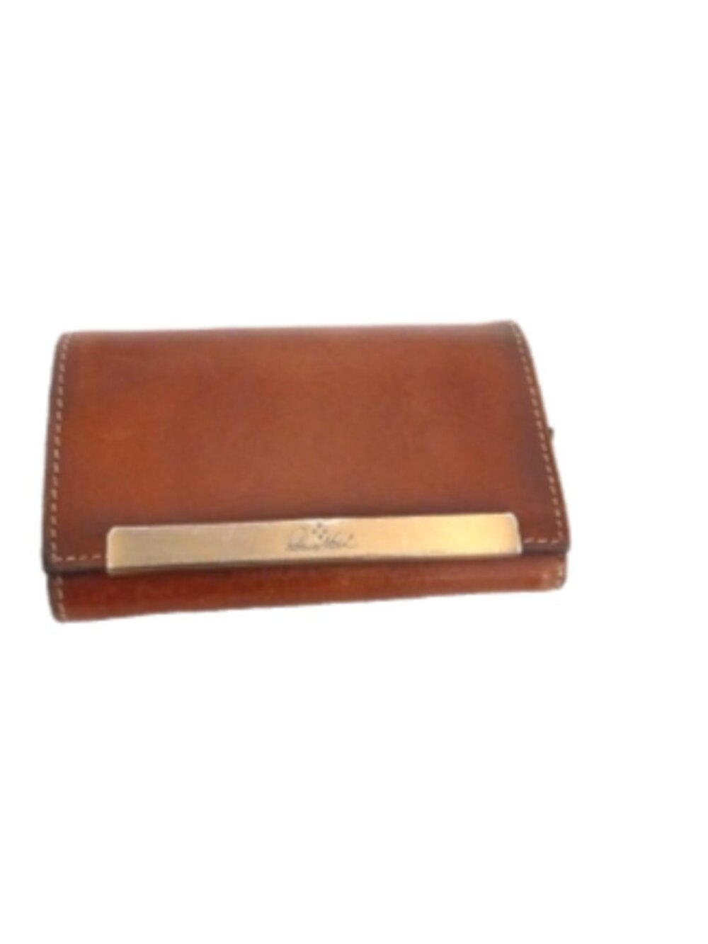 Patricia Nash Cametti Trifold Wallet Cognac Brown Leather Brass Bar Organizer